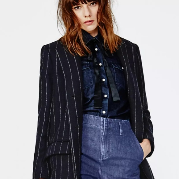 Maje Jacket Blazer Vampas Pinstriped Wool Gabardine Blazer Navy Sz 36❤️ - Picture 1 of 7